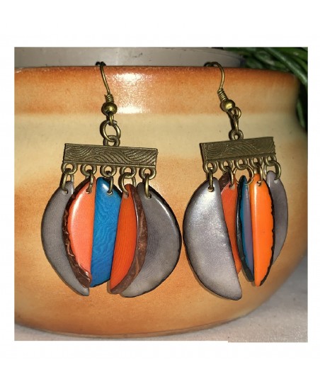 Gray, orange and blue tagua seed earrings